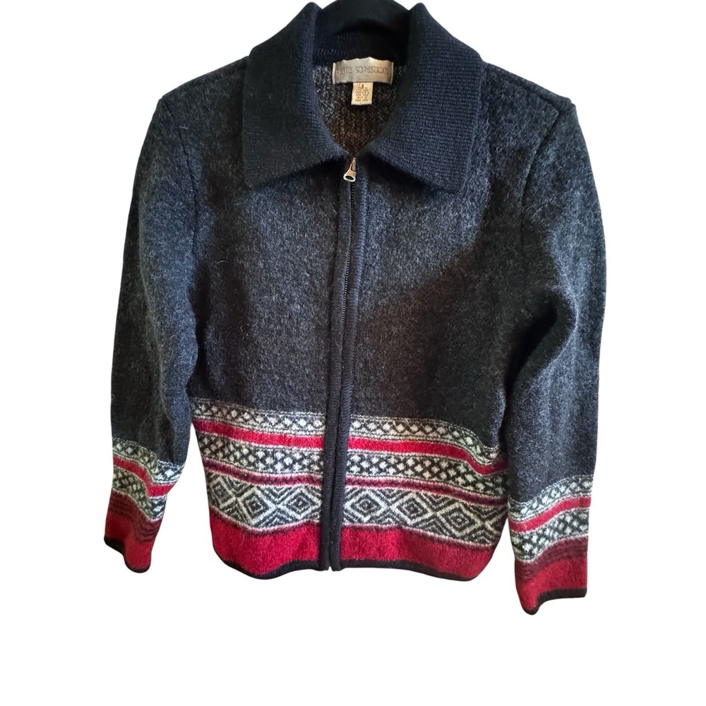 Petite Sophisticate Gray Red Wool Knit Fair Isle Full Zip Jacket Size Small